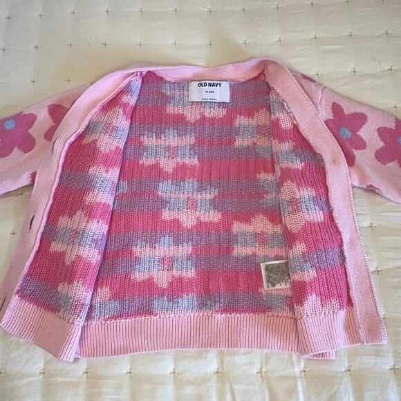 Old Navy Daisy Cotton Knit Cardigan Sweater Girls 18-24M | Pink V-Neck - Picture 4 of 8